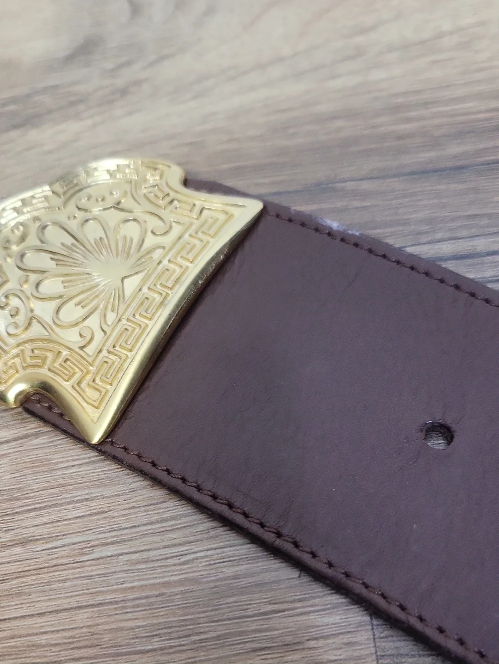 LINEA PELLE MIRA K Designer Brown Wide Ornate Brushed Gold Buckle Belt